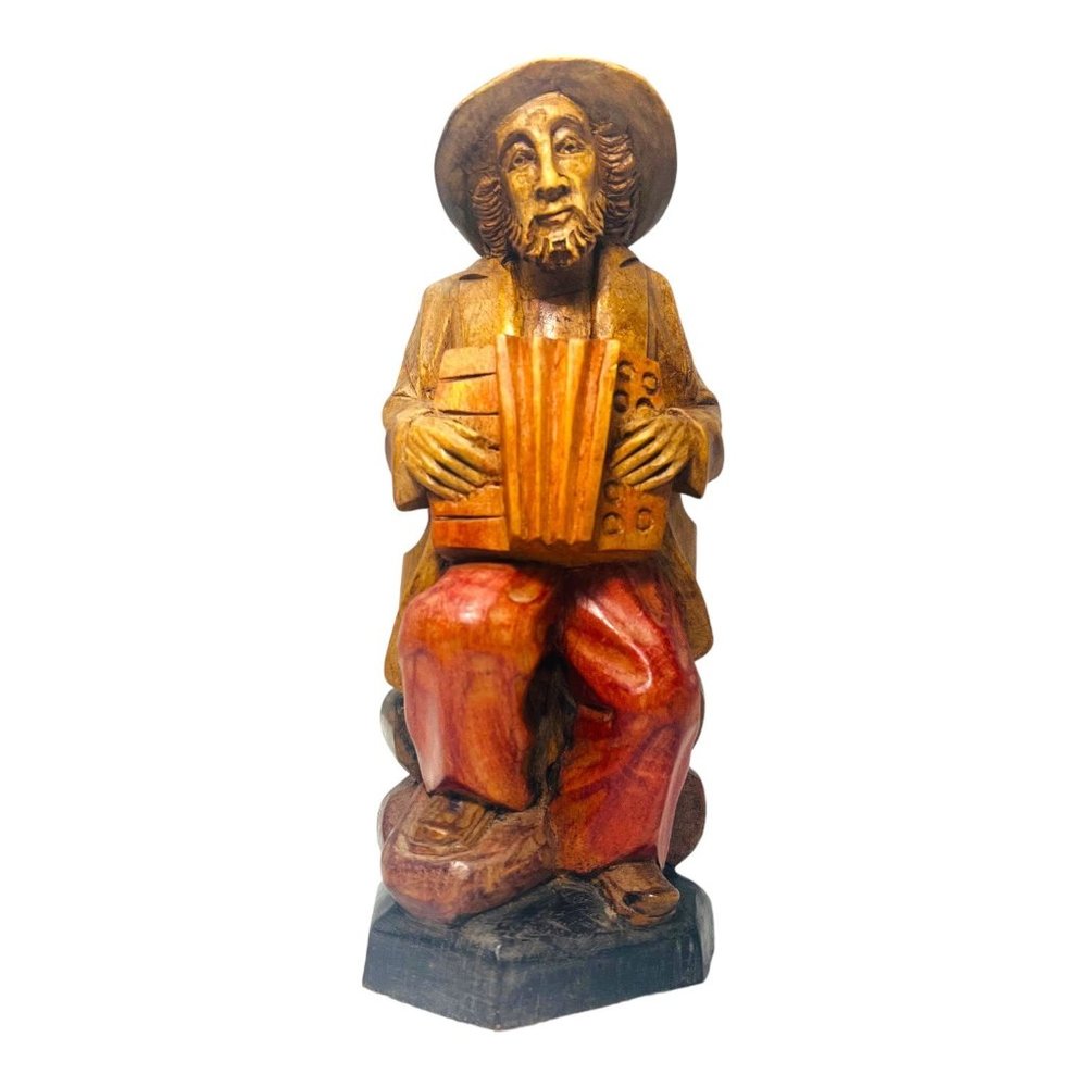 Vintage Wood Hand Carved and Painted Peasant Accordion Player Seated on a Bench